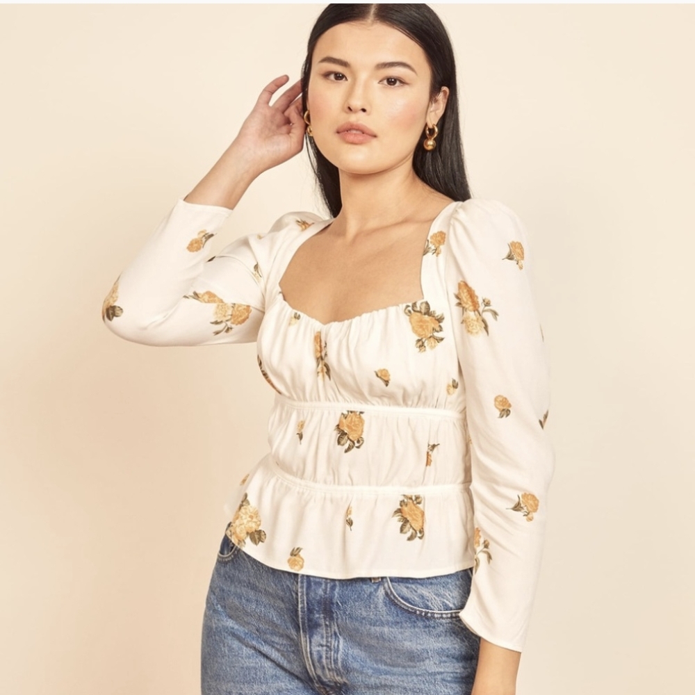 Reformation plath top blouse in constance, cream yellow floral print